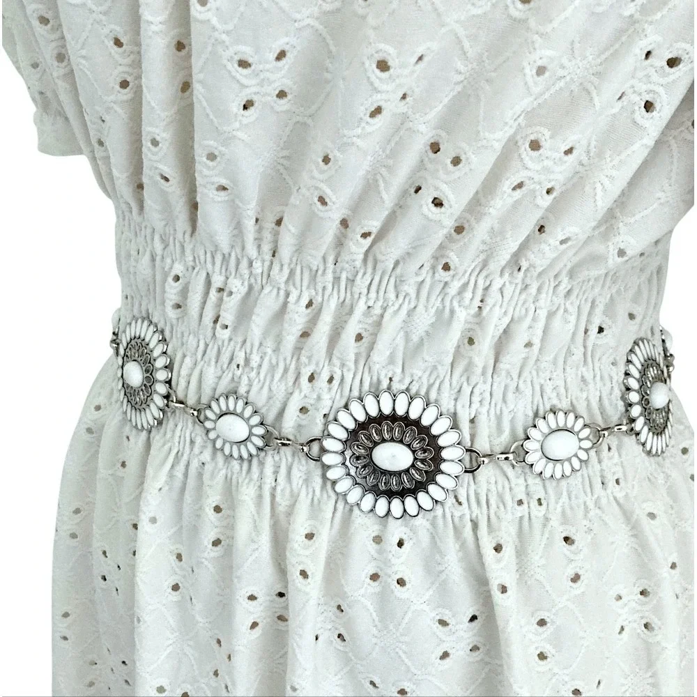 Western Chain metal boho waist Belt Silver floral Beaded Chunky medallion Fairy